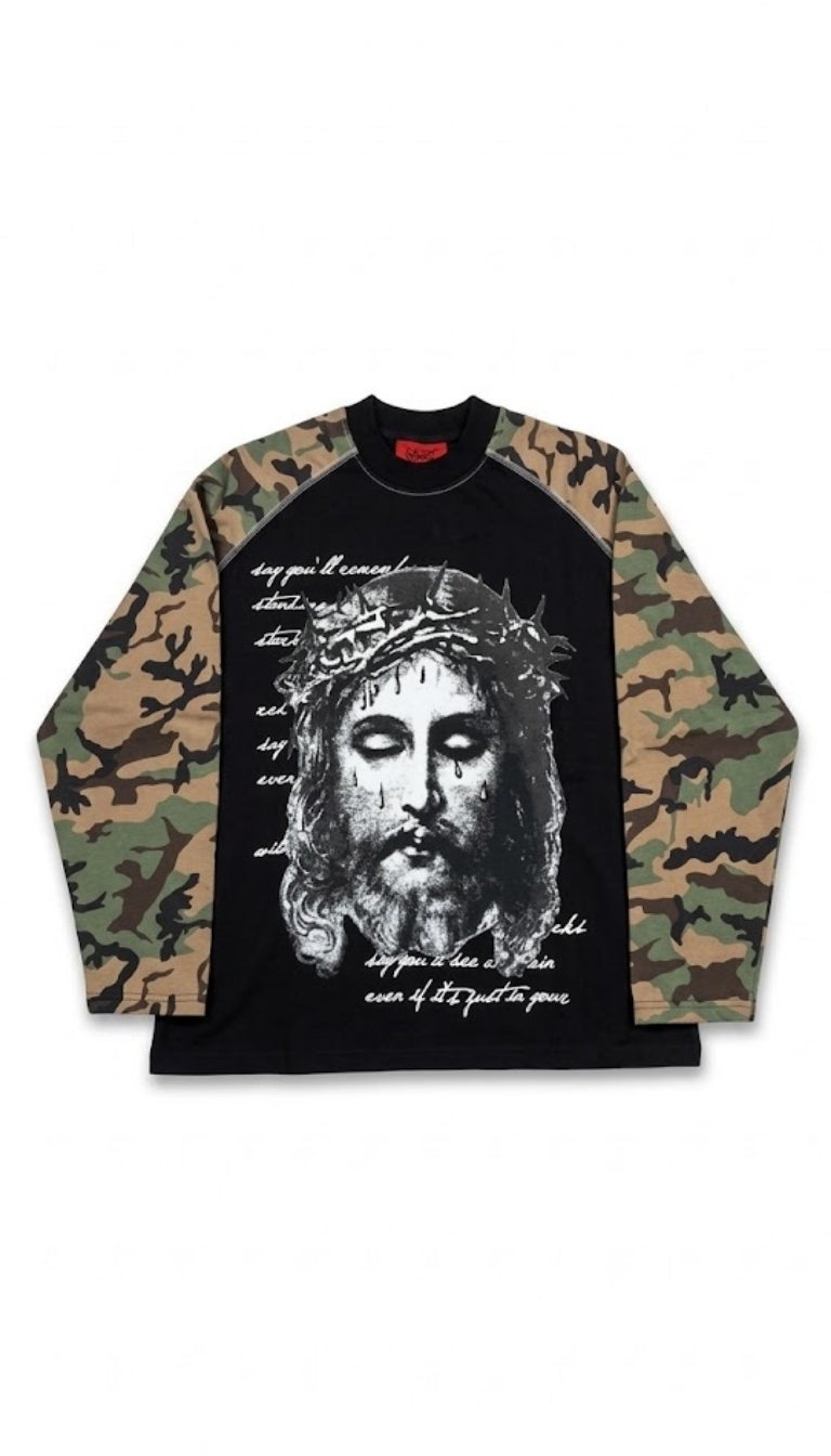 Longsleeve con Grafica e Dettagli Camouflage