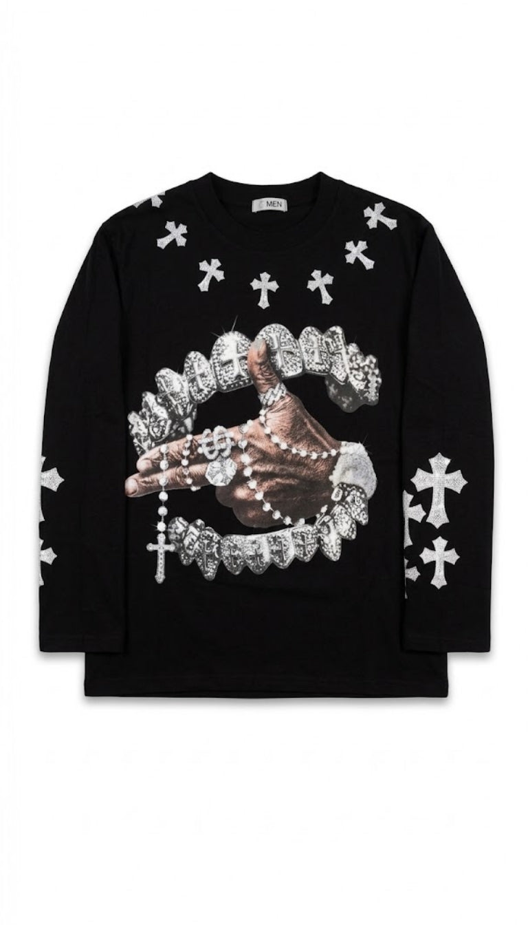 Longsleeve stampa grafica ingioiellata e croci gotiche.
