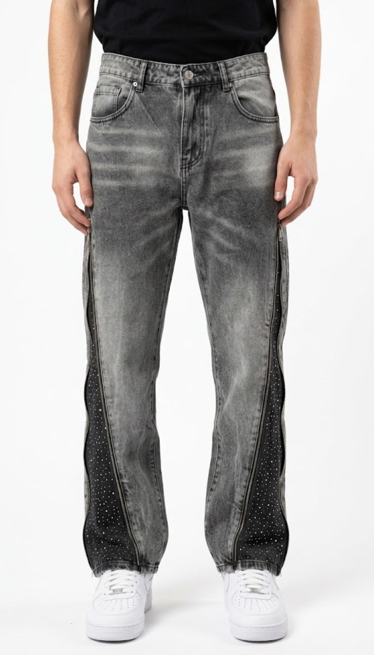 Jeans in Denim con Zip Laterali e Inserti Brillanti