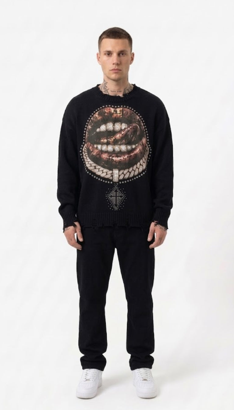 Maglione girocollo effetto invecchiato con stampa grafica