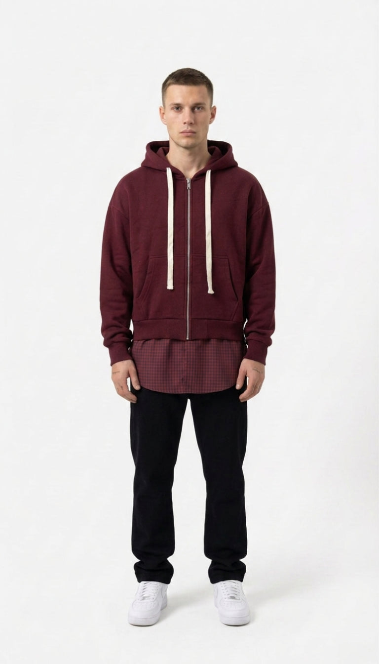 Felpa con Cappuccio Full-Zip e Fondo Camicia a Quadri