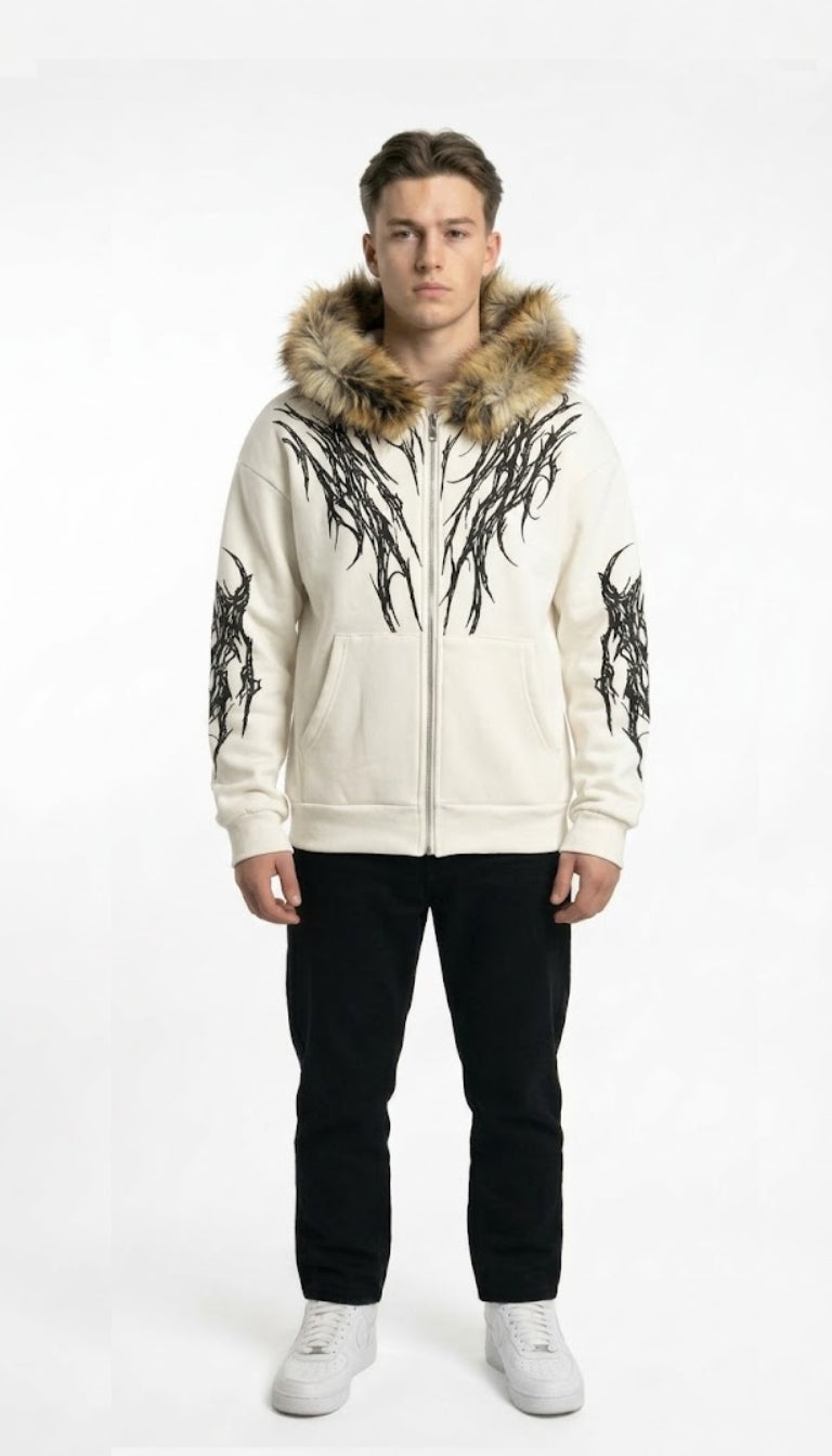 Felpa Zip con Grafiche Tribali e Cappuccio in Pelliccia