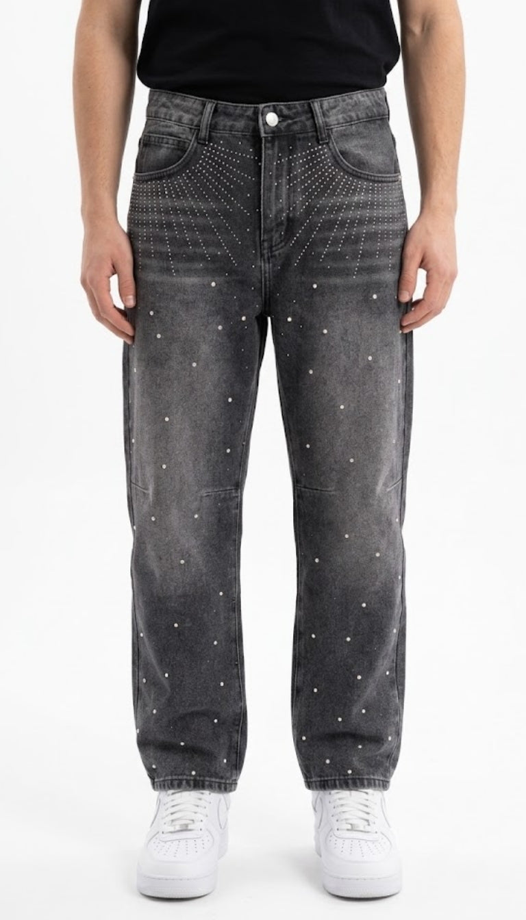 Jeans Tapered Grigio Slavato con Strass e Applicazioni Gioiello