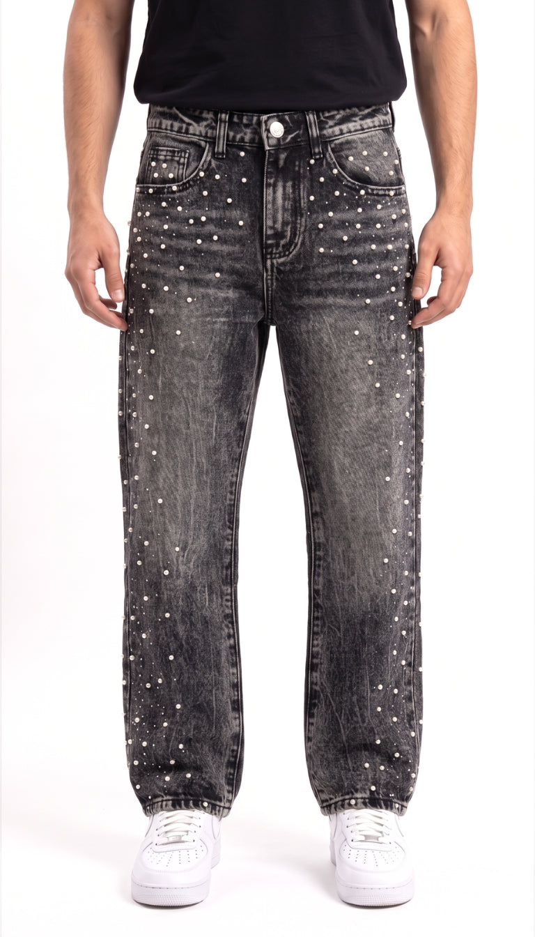 Jeans Bambino Neri con Perle Applicate