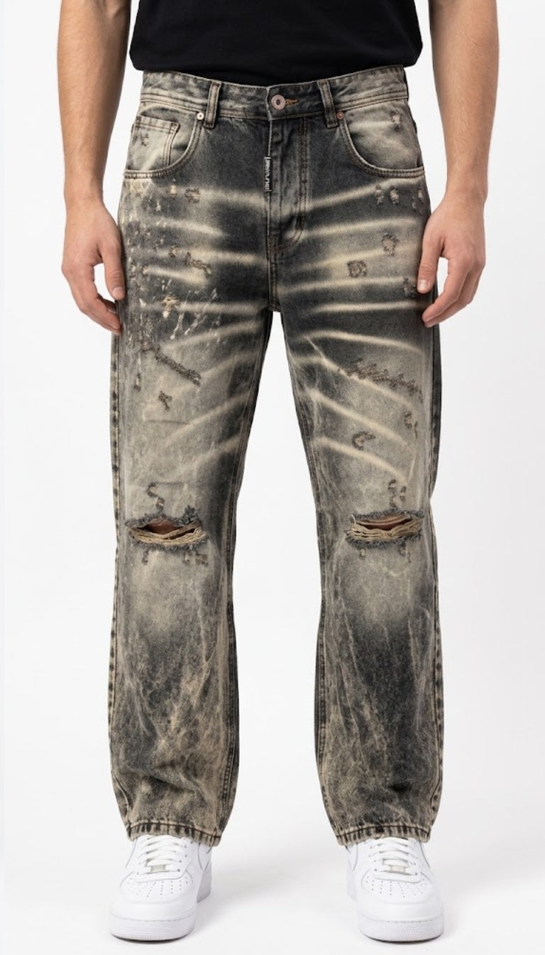 Jeans Denim Baggy con Strappi e Lavaggio Vintage