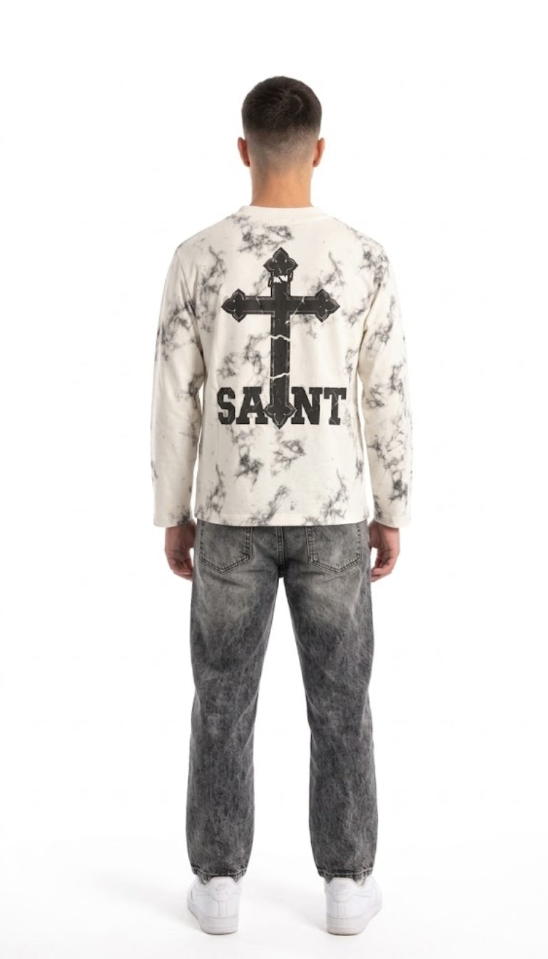Longsleeve con Pattern Marmorizzato e Grafica "SAINT"