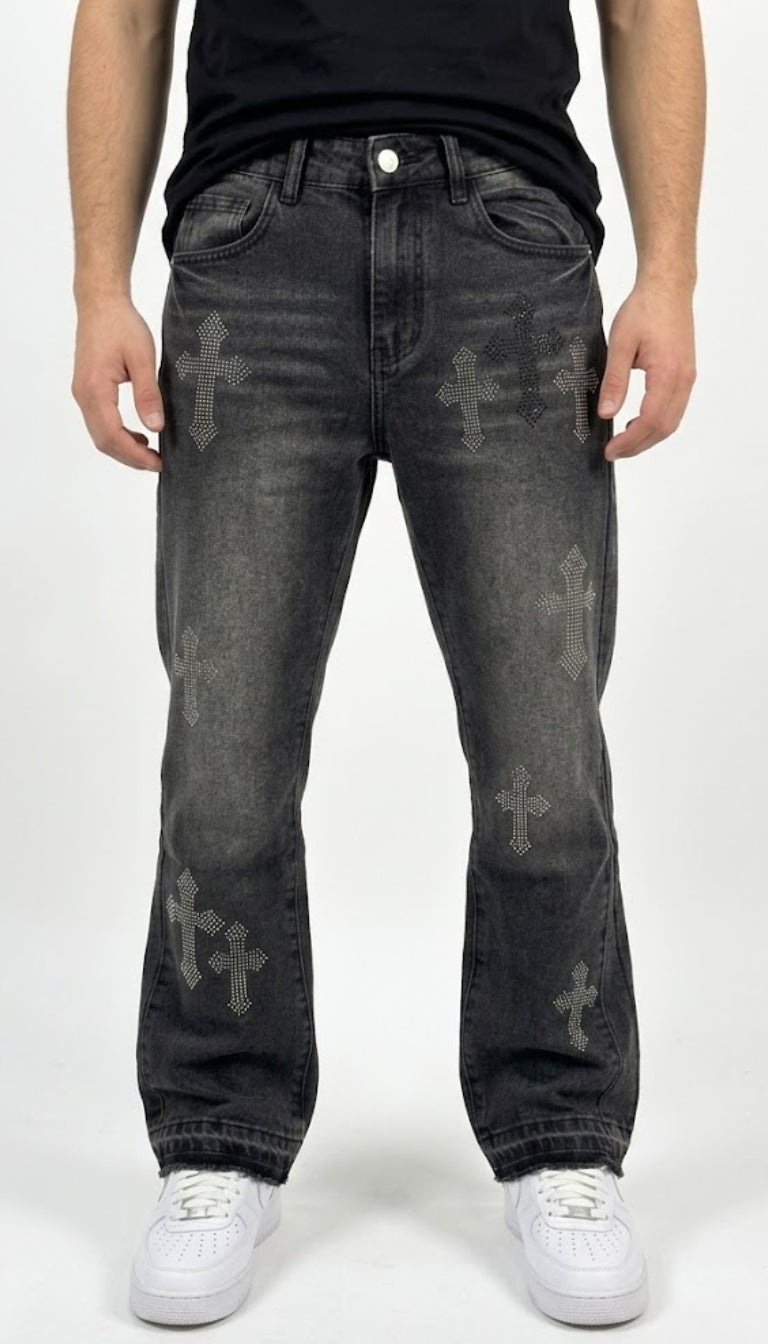 Jeans Flared  con applicazioni a croce strass