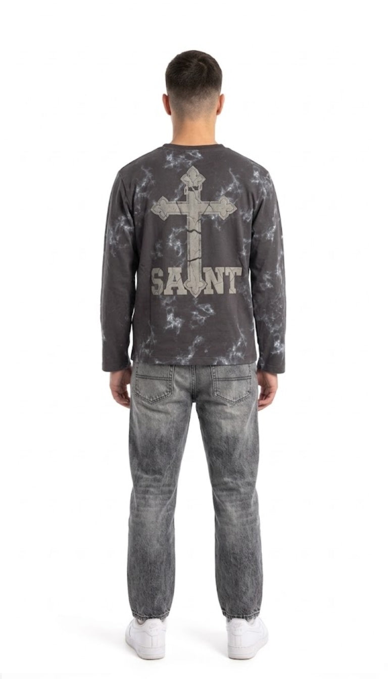 Longsleeve con Pattern Marmorizzato e Grafica "SAINT"