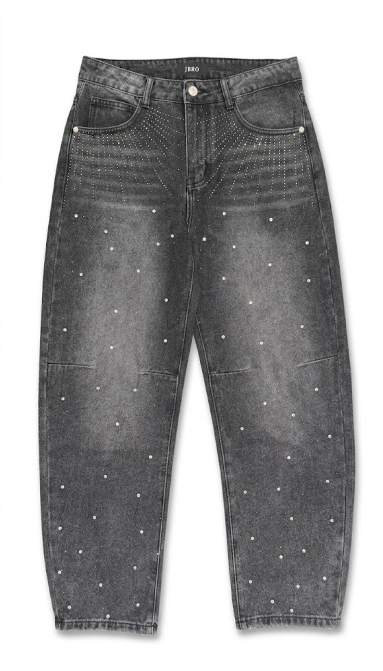 Jeans Tapered Grigio Slavato con Strass e Applicazioni Gioiello