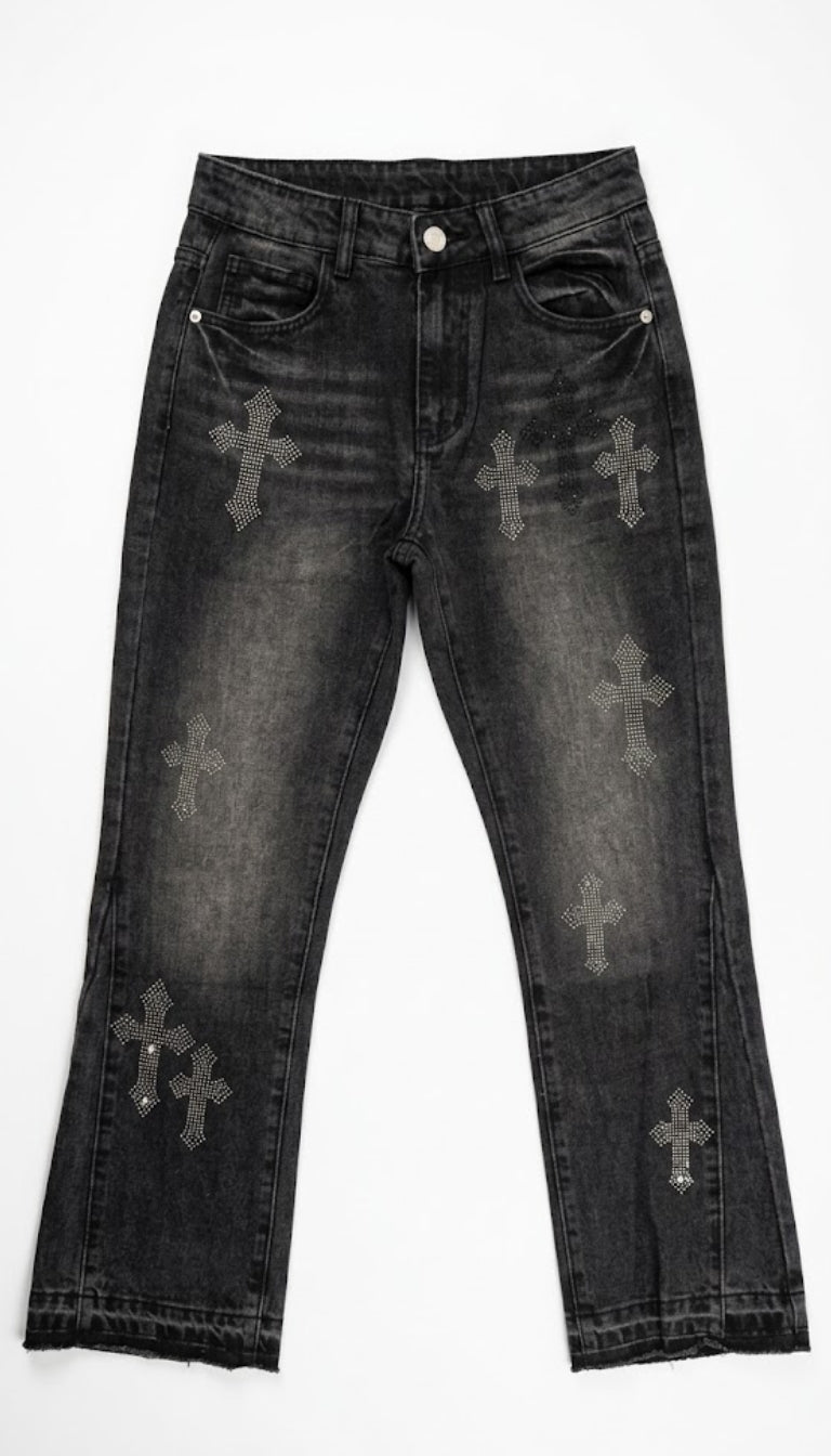 Jeans Flared  con applicazioni a croce strass