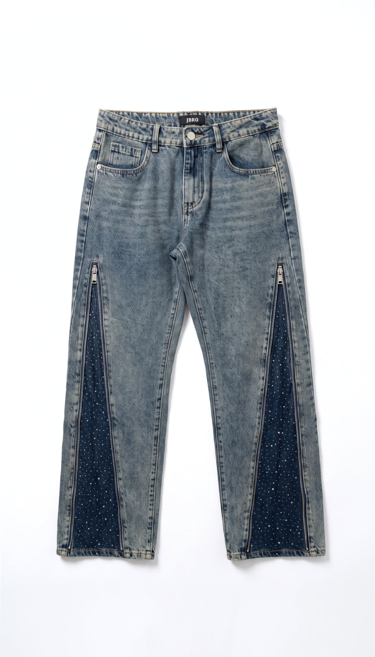 Jeans Bambino Blu con Zip e Strass sul Fondo