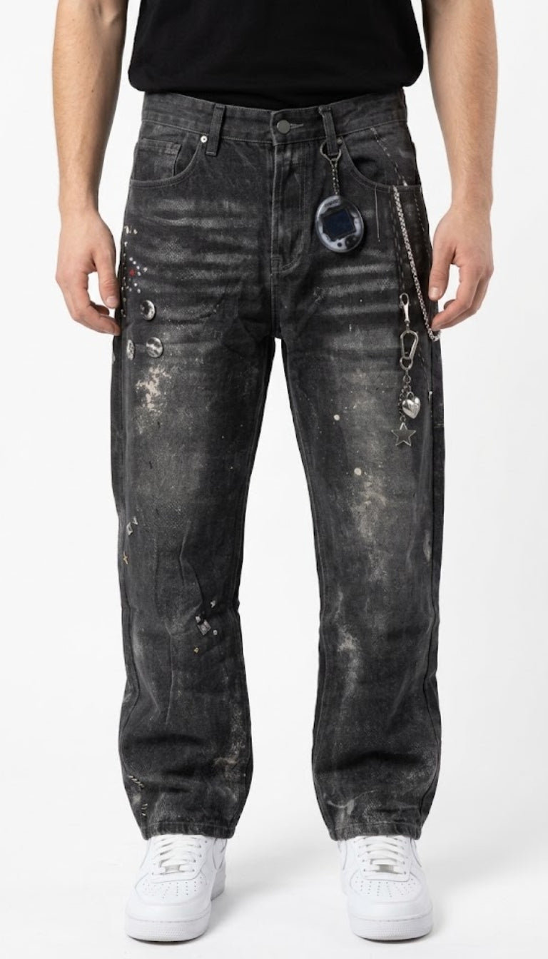 Jeans BaggyFit Nero Faded con Stampa Chain
