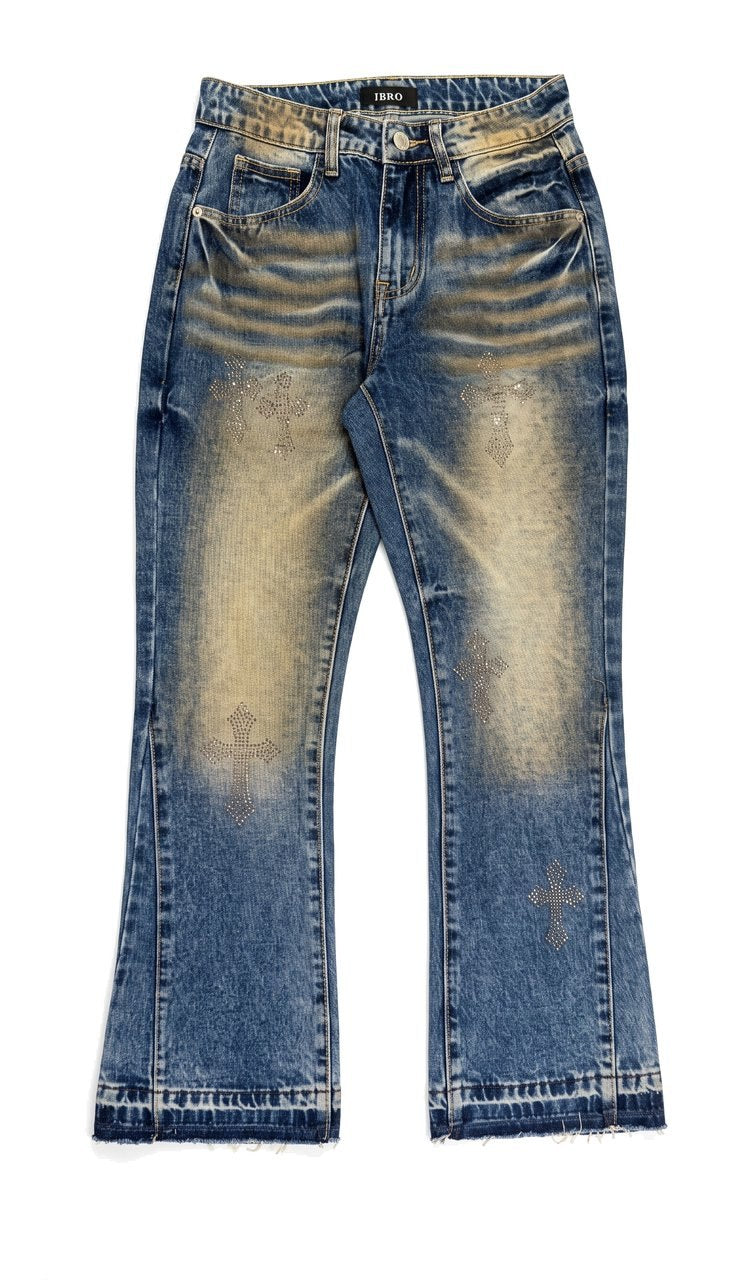 Jeans Regular con Lavaggio Vintage e Croci in Strass