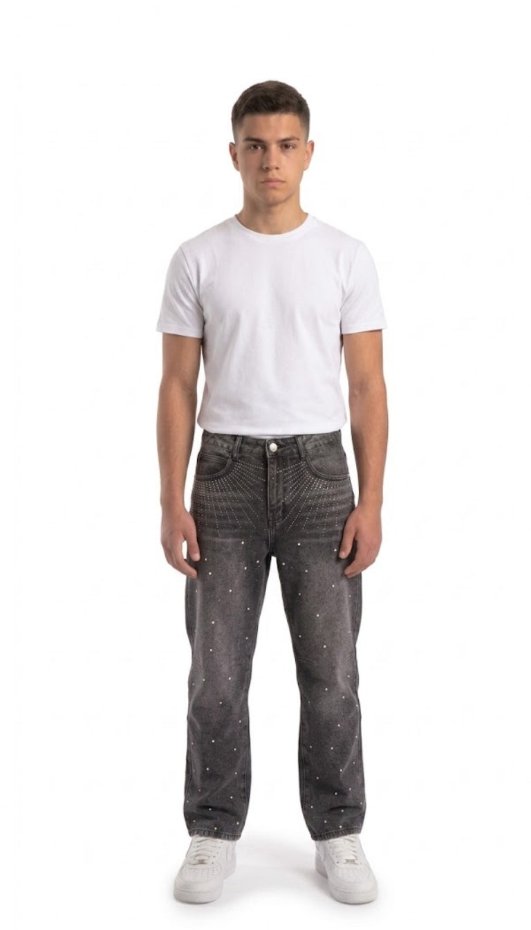 Jeans Tapered Grigio Slavato con Strass e Applicazioni Gioiello