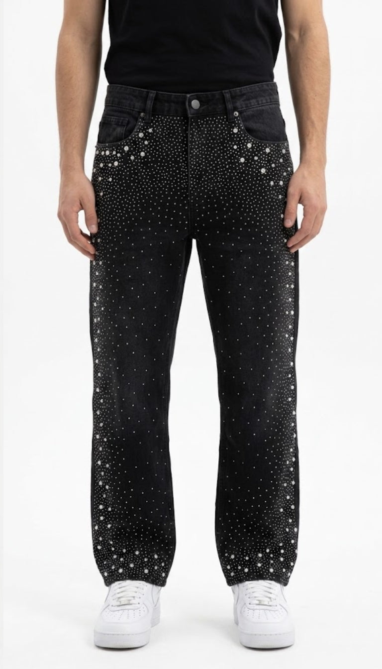 Jeans Neri con Strass All-Over