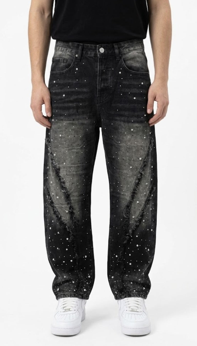 Jeans Baloon Fit con Strass, Perle e Inserti Sfrangiati
