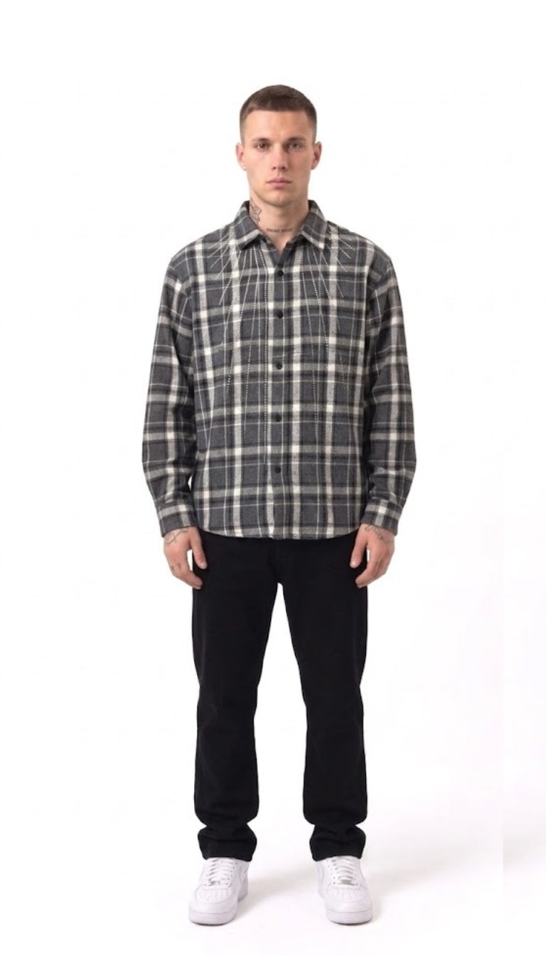 Camicia in Flanella a Quadri Grigia con Dettagli Strass