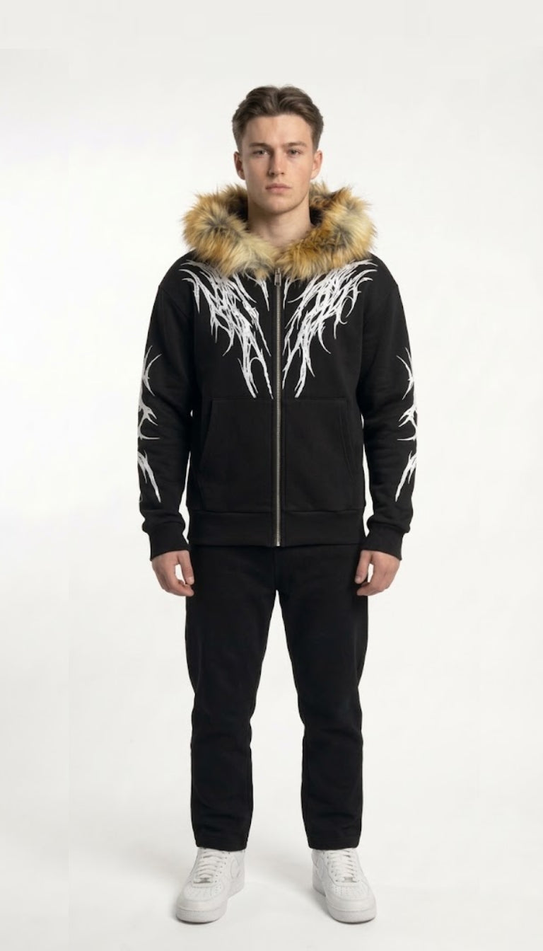 Felpa Zip con Grafiche Tribali e Cappuccio in Pelliccia