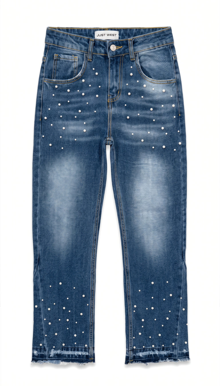 Jeans Bambino Blu con Perle e Fondo Sfrangiato