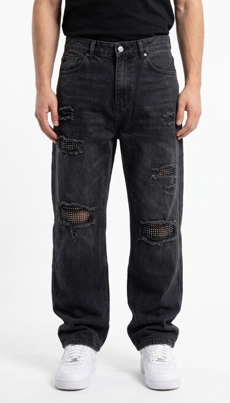 Jeans Nero Slavato Wide-Leg con Strappi e Strass