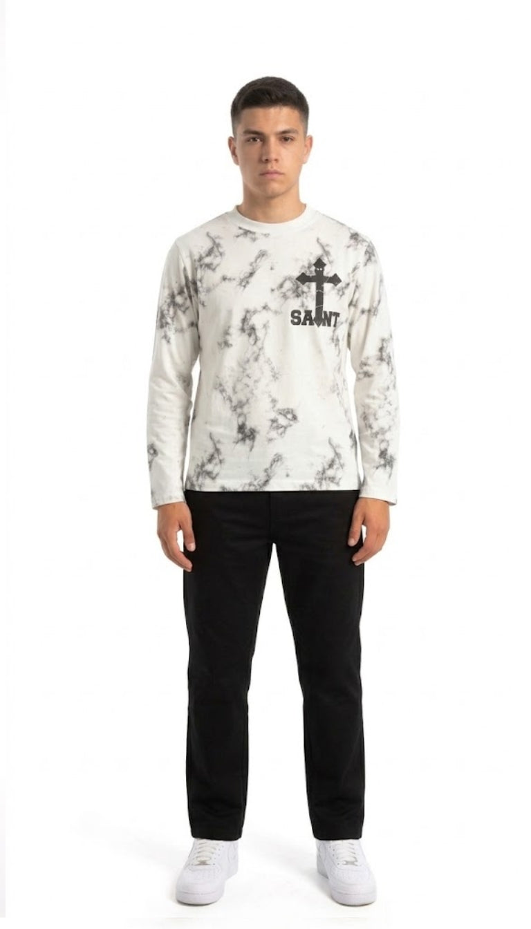 Longsleeve con Pattern Marmorizzato e Grafica "SAINT"