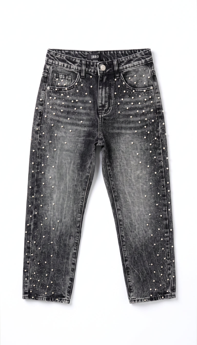 Jeans Bambino Neri con Perle Applicate