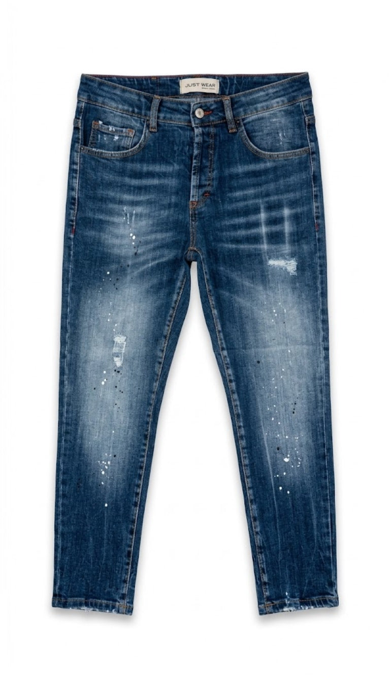 Jeans Slim Fit Denim con Schizzi di Vernice