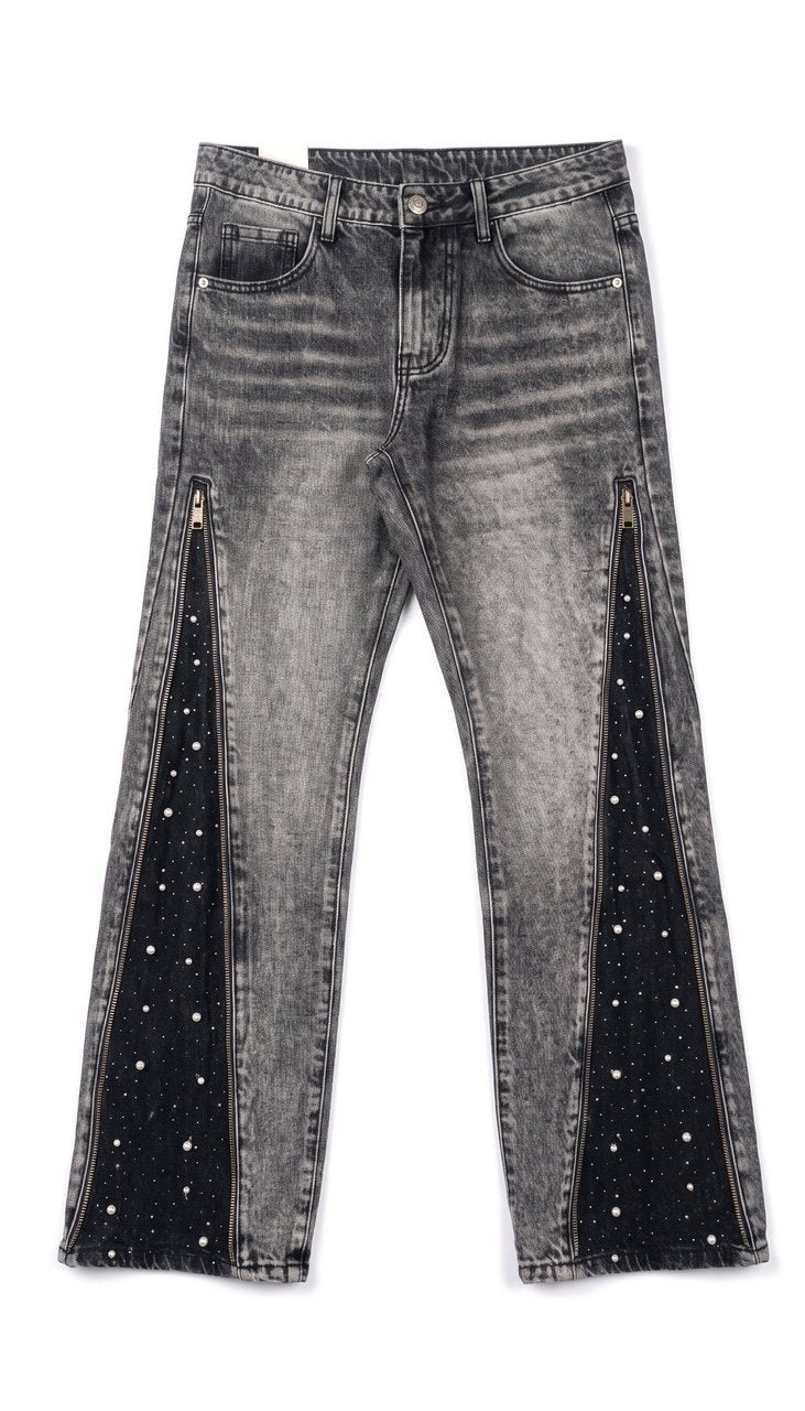 Jeans Flare con Zip e Inserti Strass Black