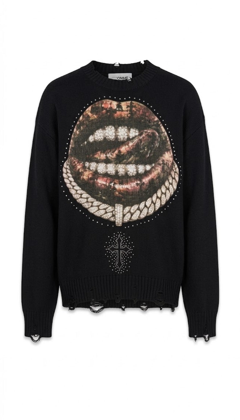 Maglione girocollo effetto invecchiato con stampa grafica