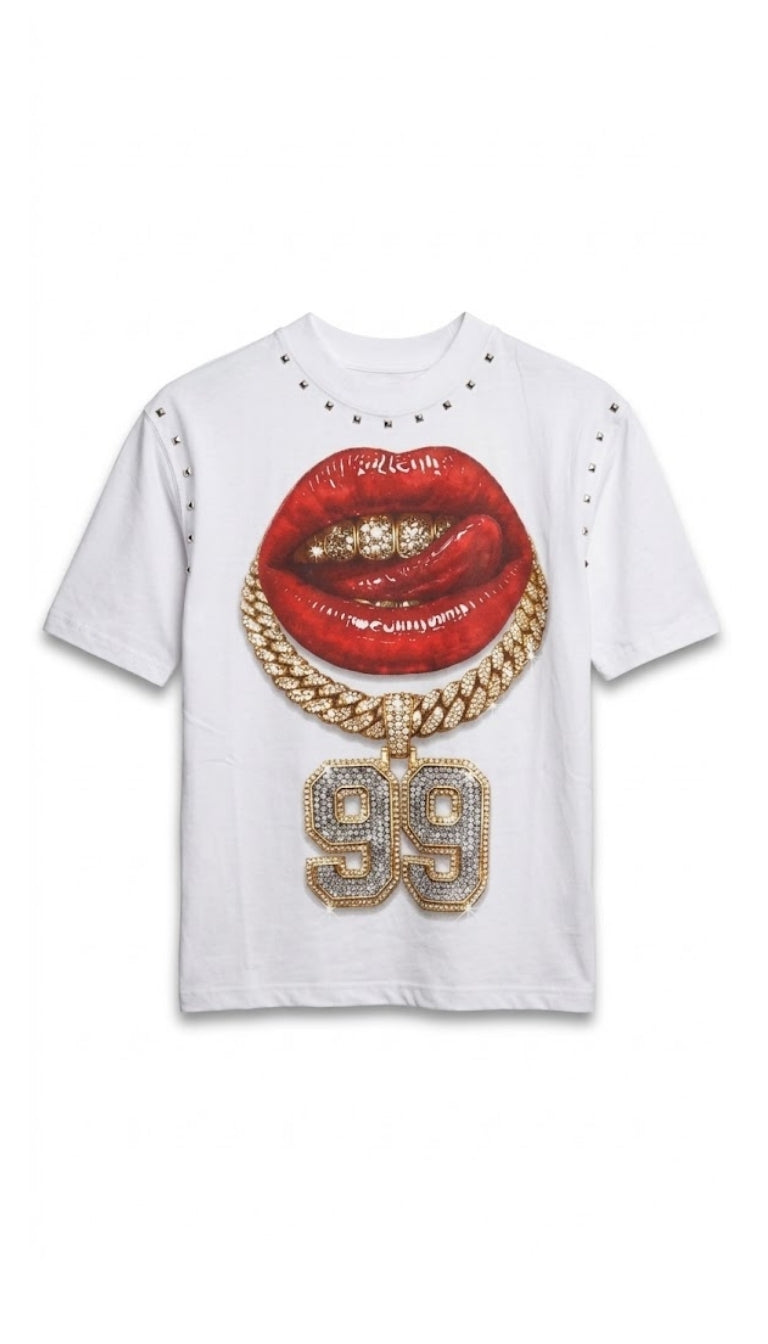T-shirt con Stampa "Bocca e Catena 99"