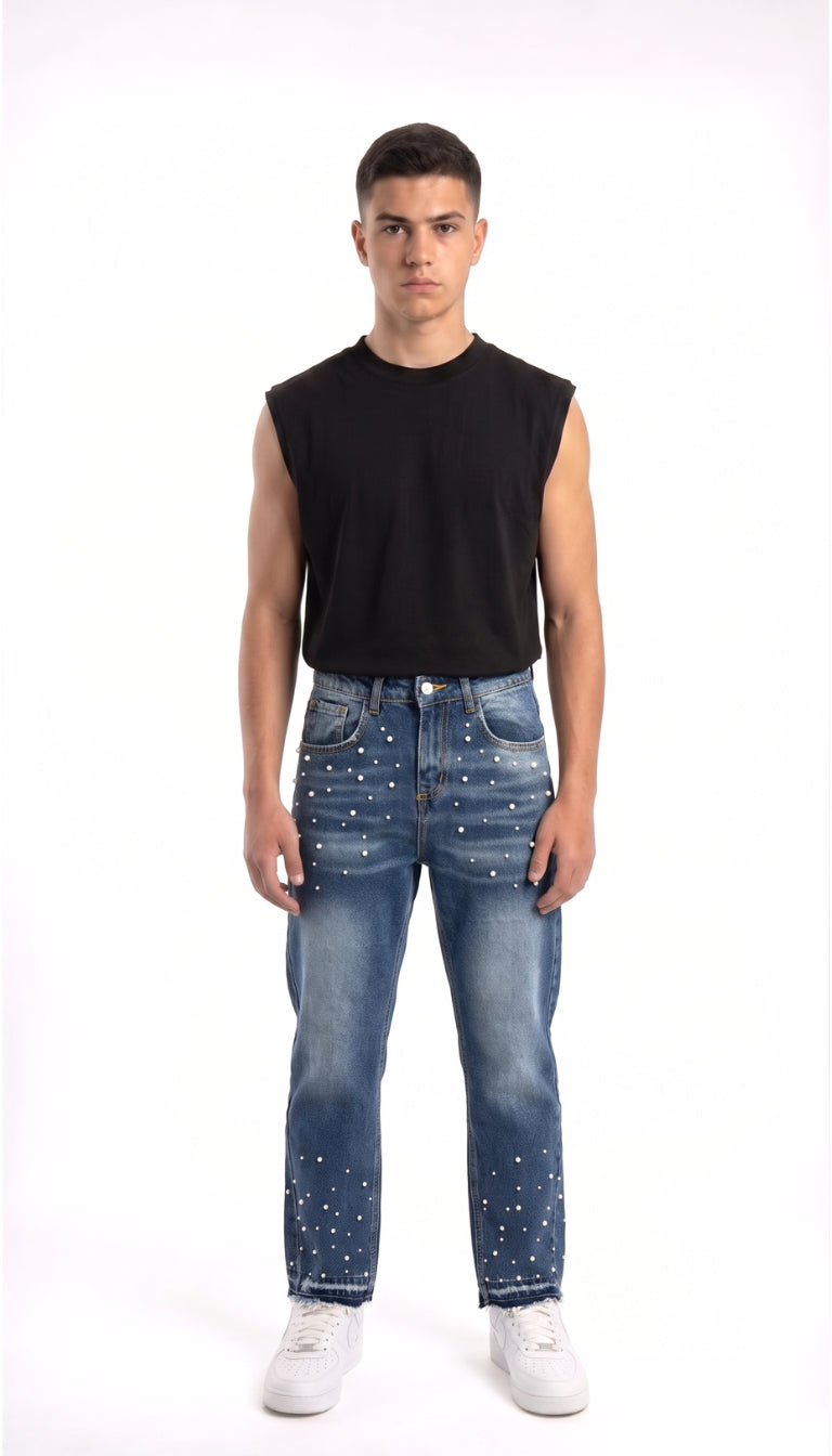 Jeans Bambino Blu con Perle e Fondo Sfrangiato