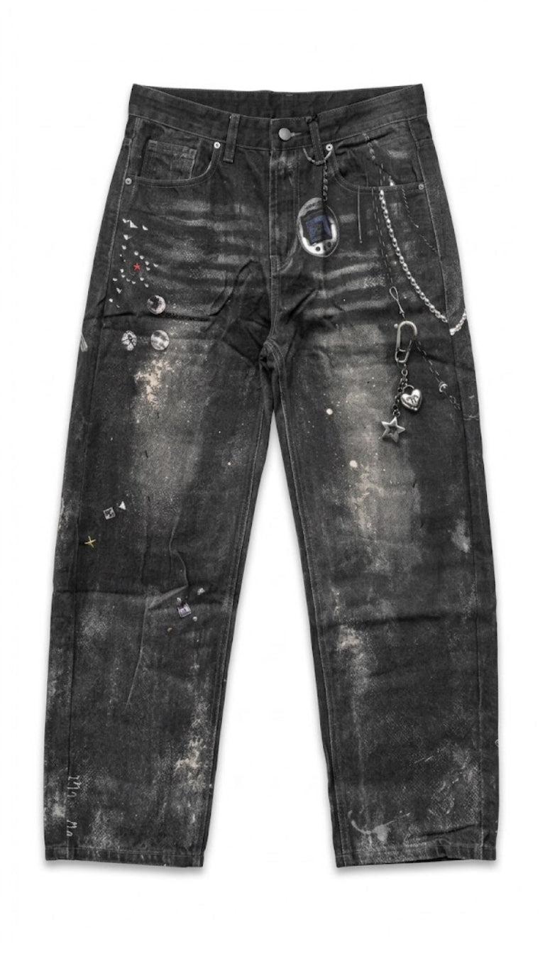Jeans BaggyFit Nero Faded con Stampa Chain