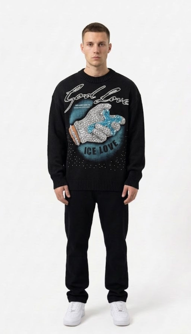 Maglione girocollo in maglia con stampa ingioiellata