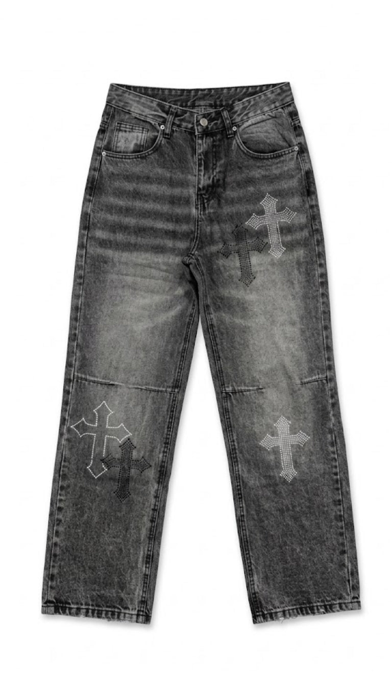 Jeans Baggy con Croci in Strass