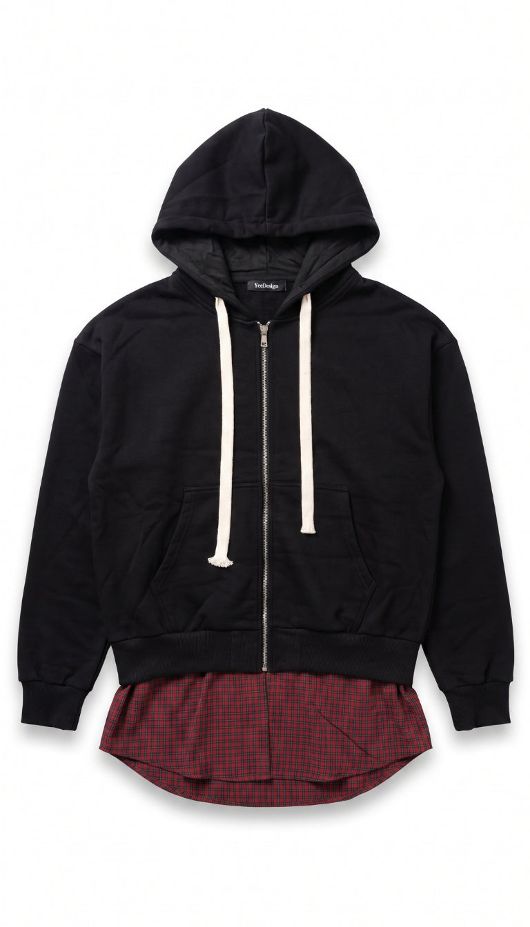 Felpa con Cappuccio Full-Zip e Fondo Camicia a Quadri