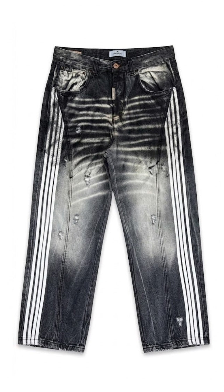 Jeans Baggy "Distressed" con Bande Laterali Bianche