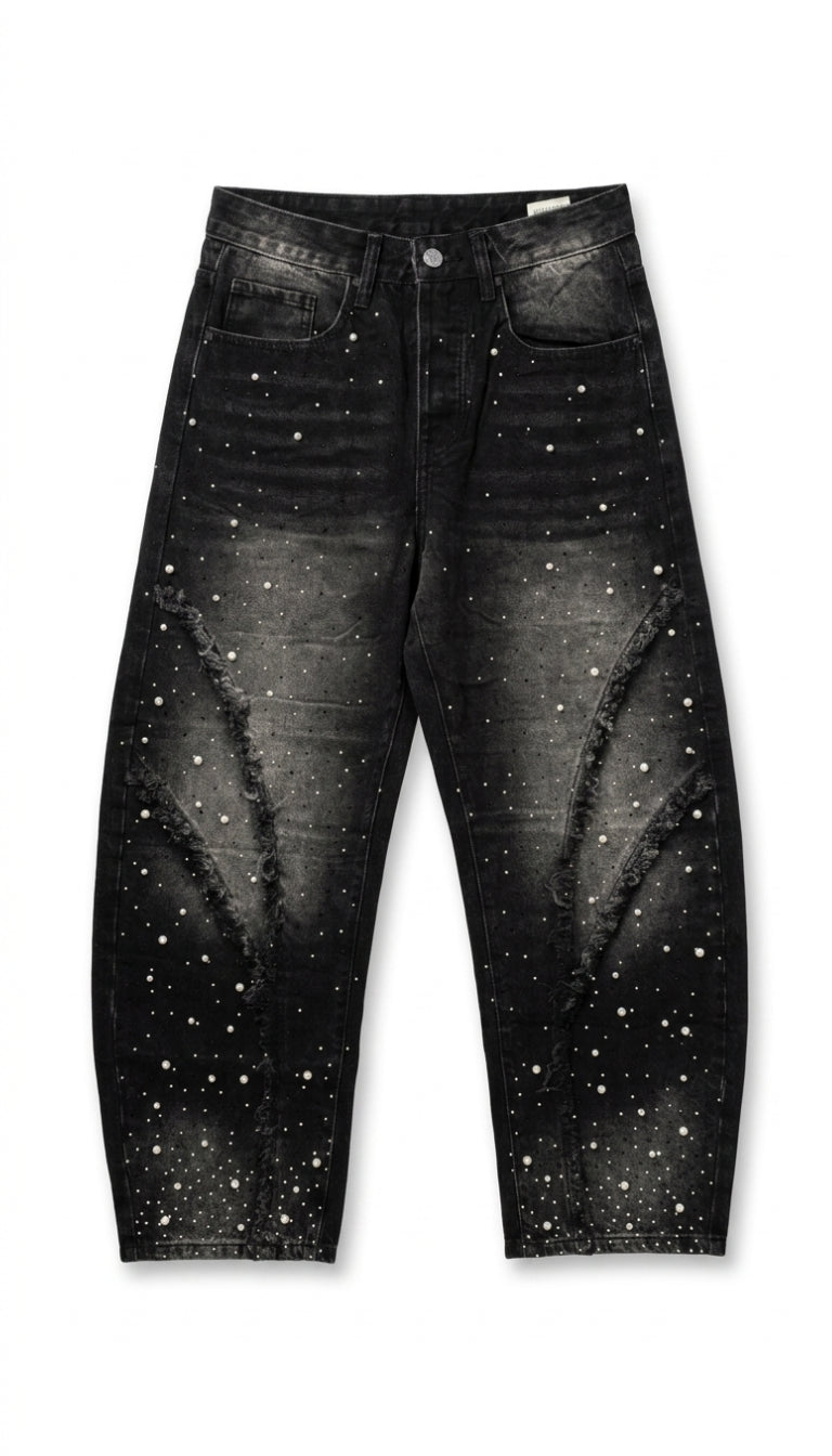Jeans Baloon Fit con Strass, Perle e Inserti Sfrangiati
