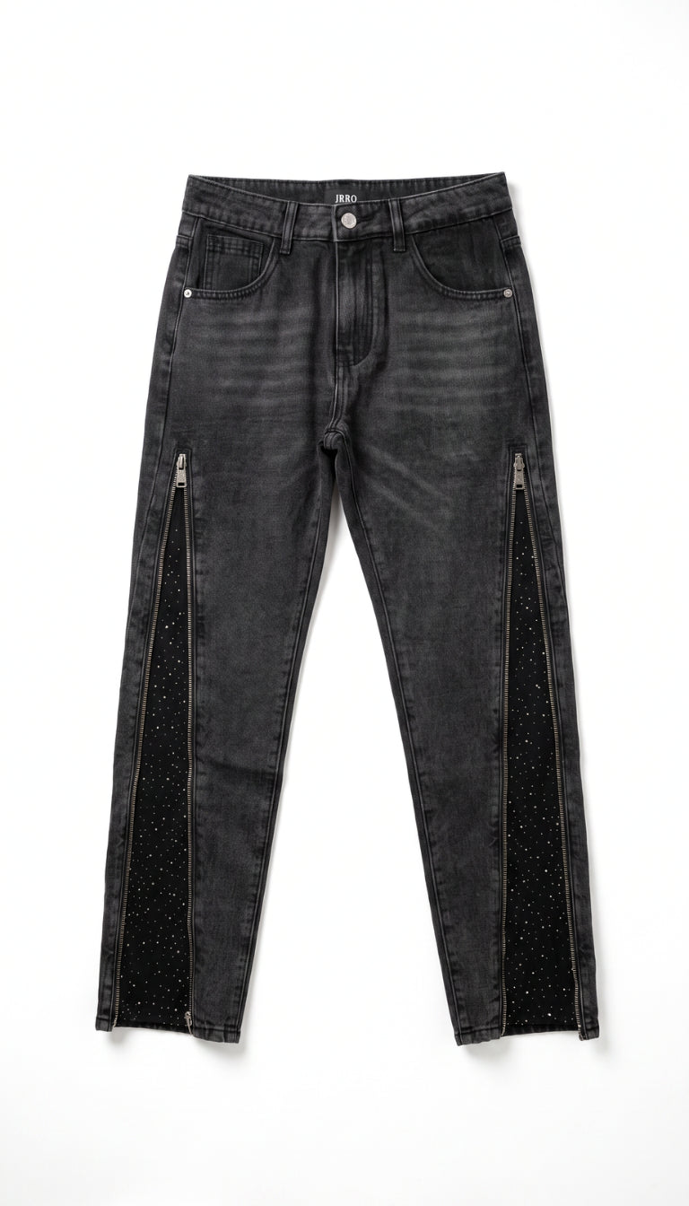 Jeans Bambino Neri con Zip e Inserti Strass