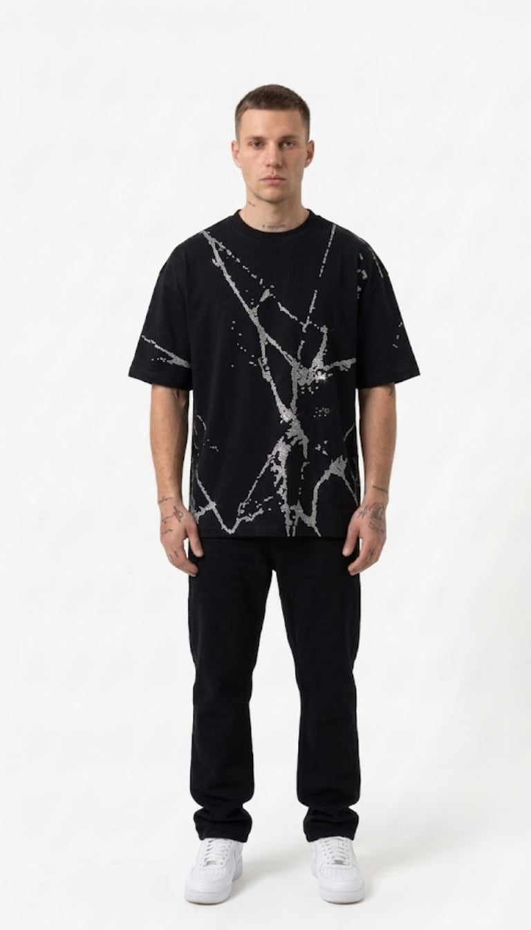 T-Shirt Oversize con Motivo Astratto Frammentato