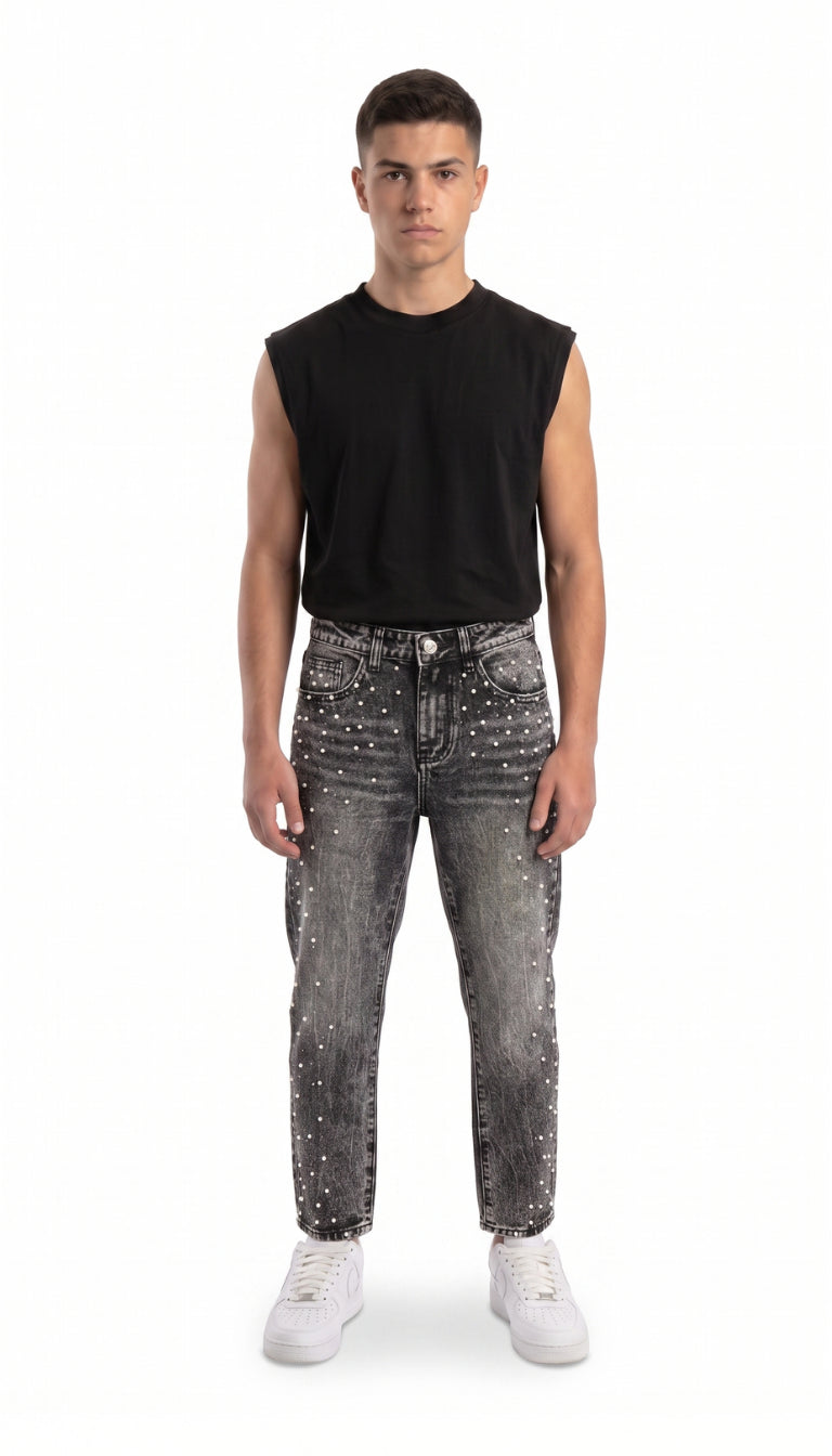 Jeans Bambino Neri con Perle Applicate