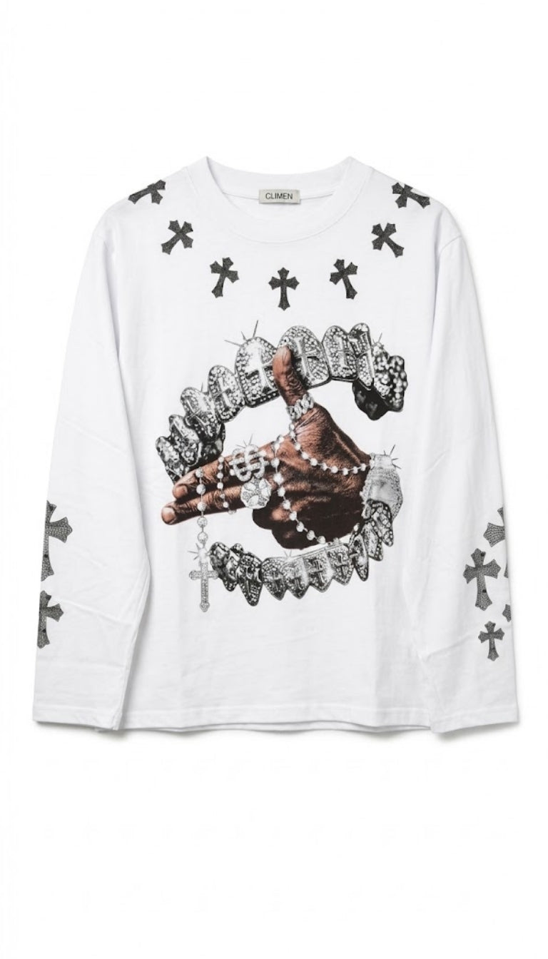 Longsleeve stampa grafica ingioiellata e croci gotiche.