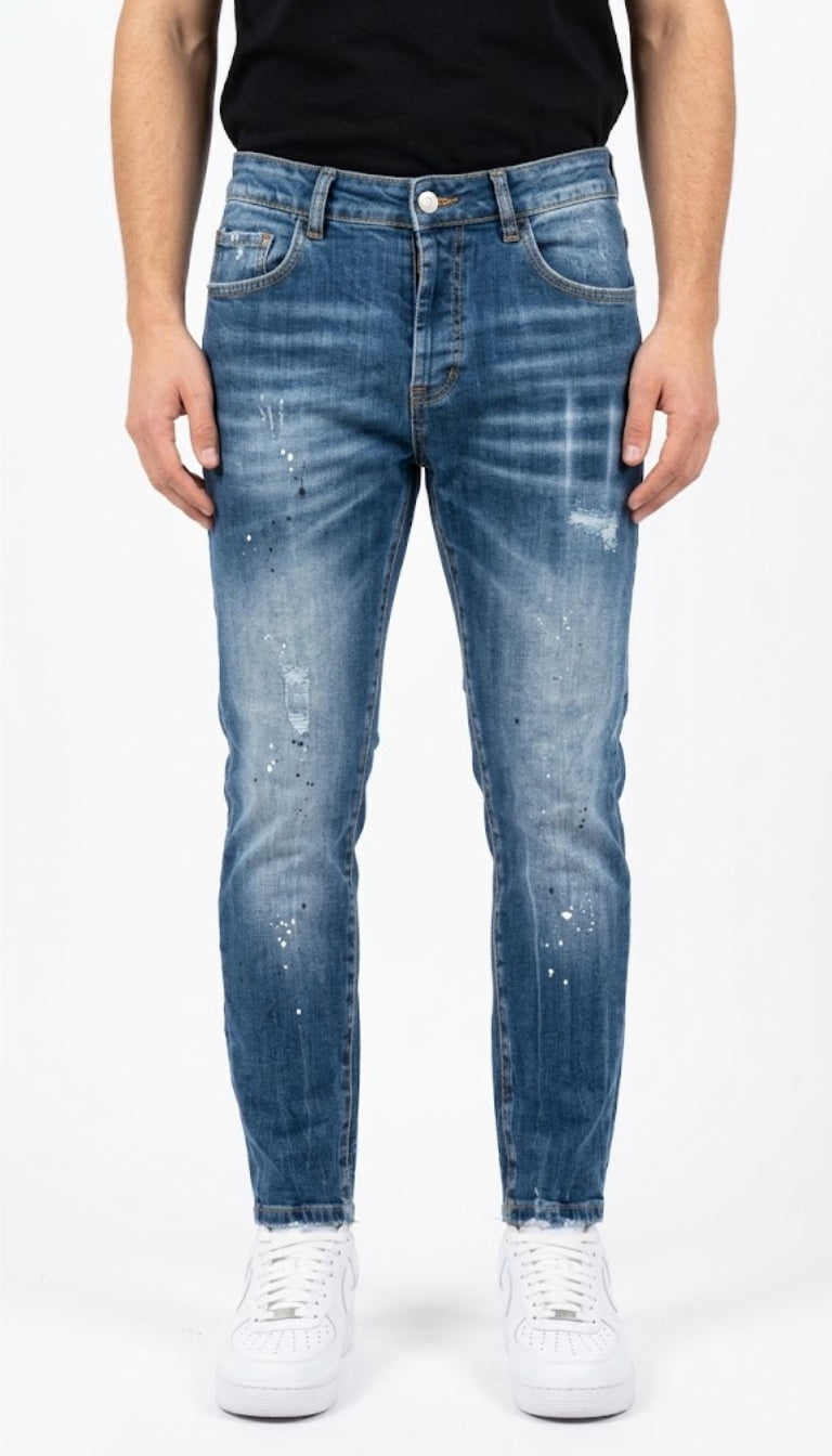 Jeans Slim Fit Denim con Schizzi di Vernice