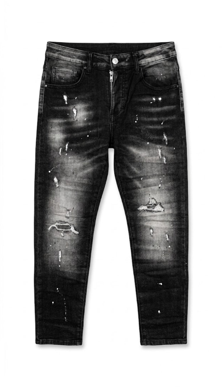 Jeans Slim Fit Effetto Vissuto con Strappi e Schizzi di Vernice
