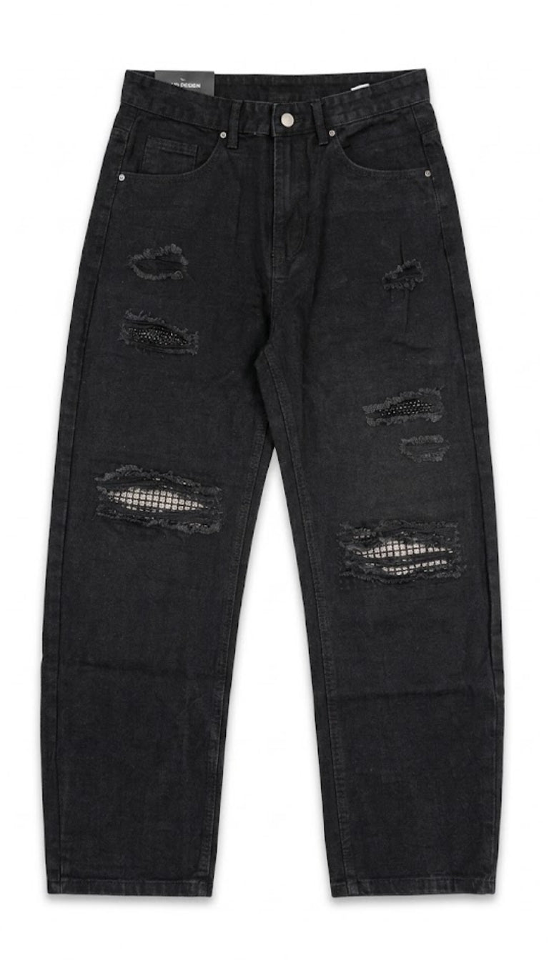 Jeans Nero Slavato Wide-Leg con Strappi e Strass