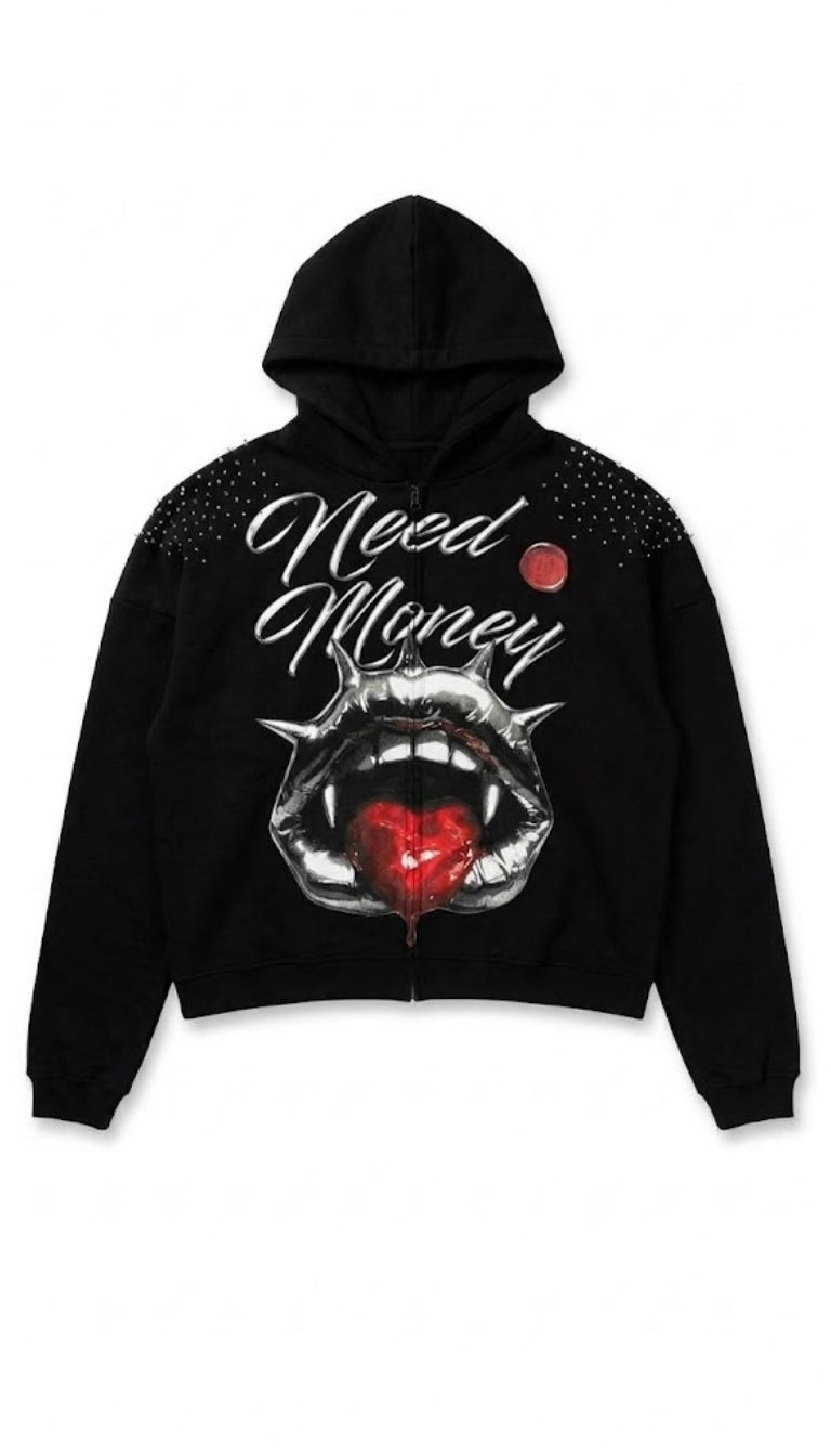 Felpa con Cappuccio e Zip "Need Money" con Strass