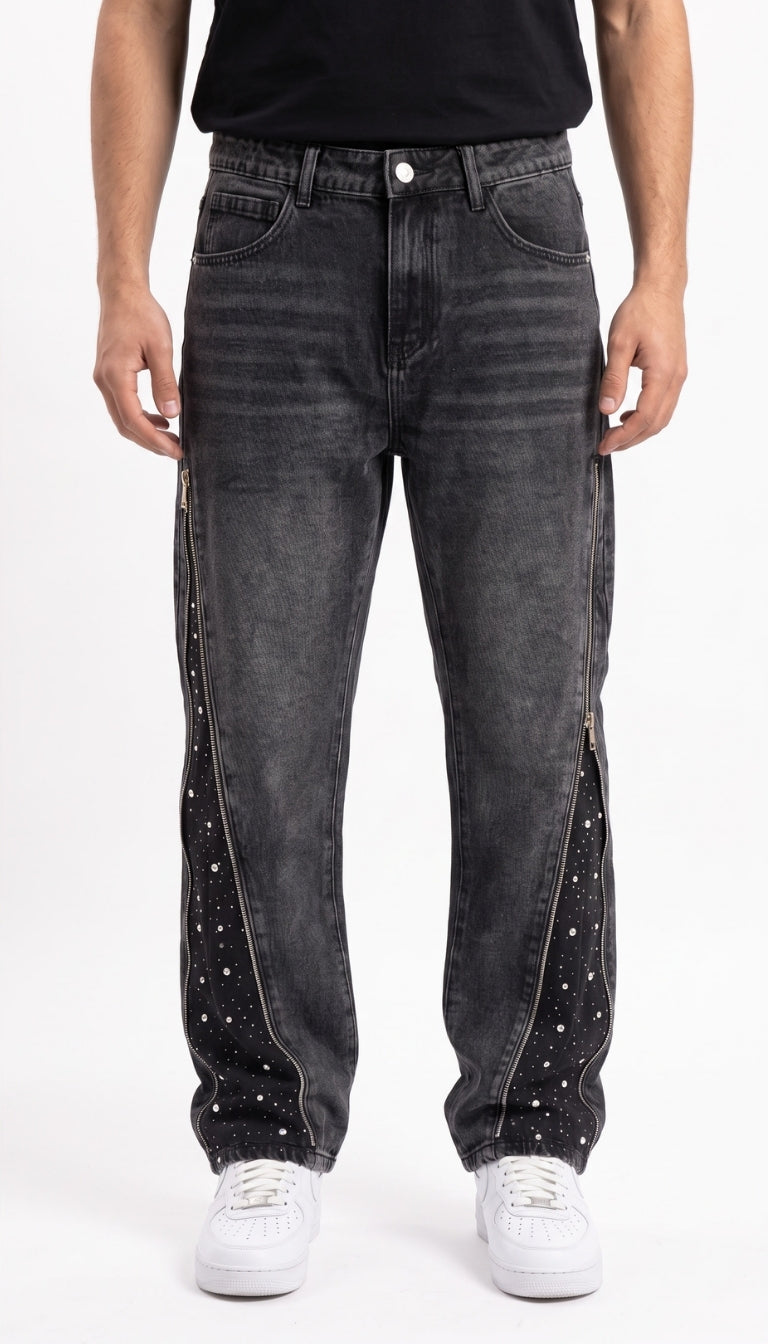 Jeans Neri con Zip Apribili e Inserti Strass