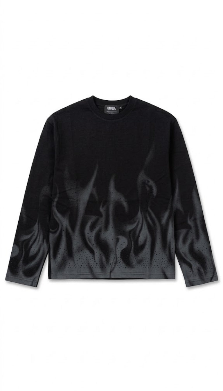 Longsleeve con motivo a fiamme e applicazioni brillanti