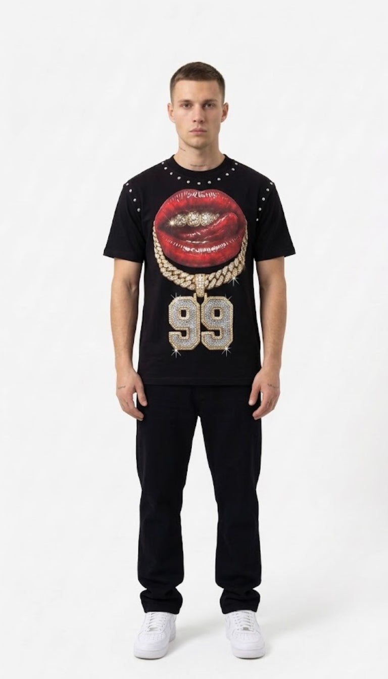 T-shirt con Stampa "Bocca e Catena 99"