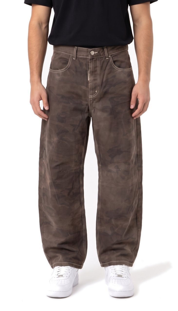 Pantaloni Baggy Camouflage con Cuciture a Contrasto