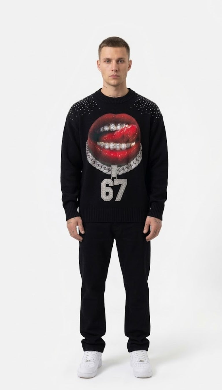Maglione Girocollo con Grafica "Grillz e Catena 67" e Strass